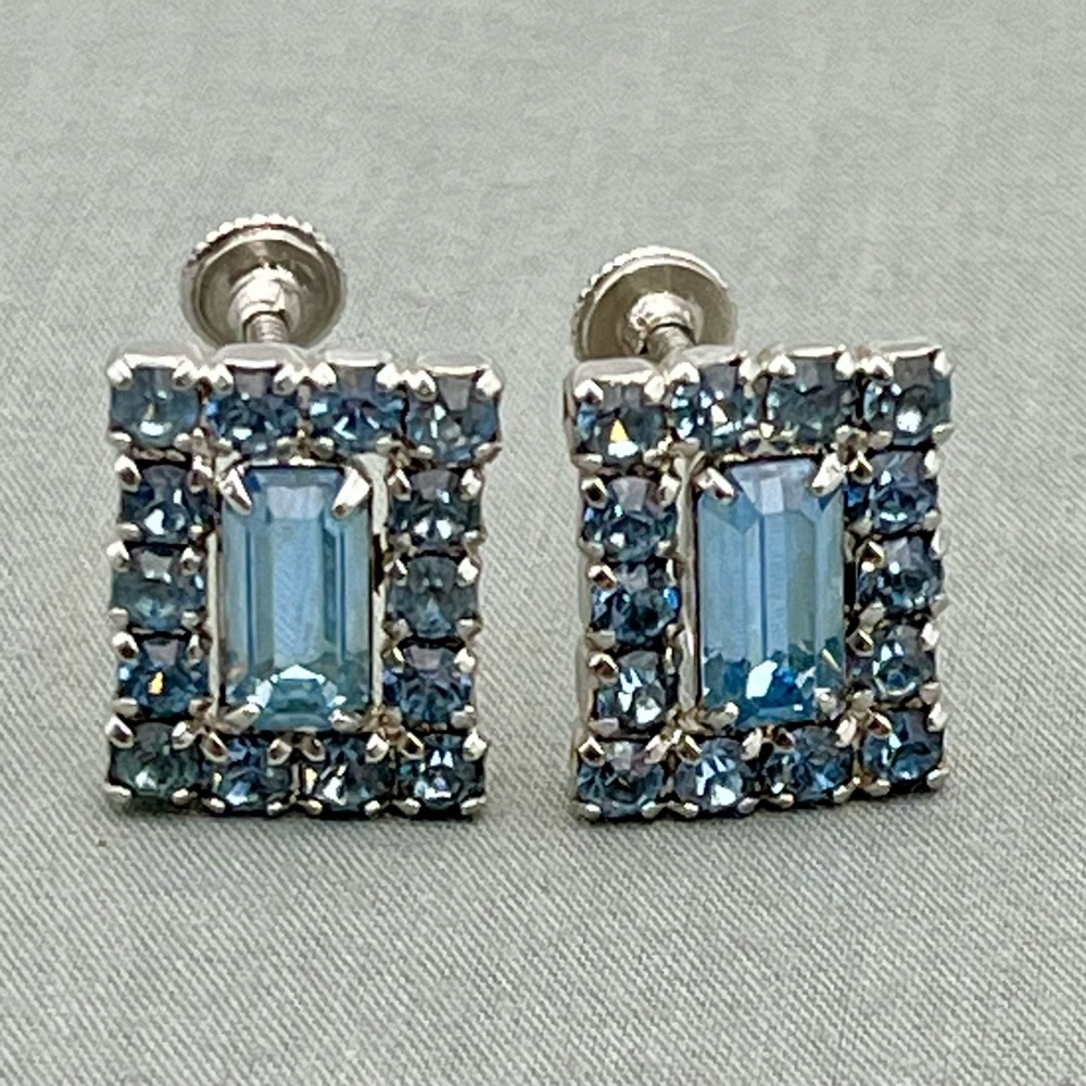 Vintage Blue Rhinestone Baguette Clip-On Earrings Silver Tone